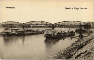 1917 Komárom, Komárno; részlet a Nagy Dunáról, híd, MFTR uszályok, gőzhajó / Danube river, bridge, barges, steamships