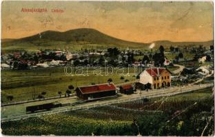 1921 Abaújszántó, Vasútállomás Tokaji-hegyvidékkel a háttérben. Forgács Lajos kiadása (b)