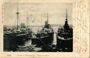 1902 Porto da guerra, Kriegshafen / Pola, részlet a hadikikötőből, hadihajók / detail of the military port, warships (ázott / wet damage)