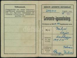 1940 A Makói Levente Egyesület által kiállított levente-igazolvány