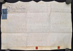 1798 Angol nyelvű szerződés éves kölcsönről, pergamen, okmánybélyeggel, rányomott viaszpecséttel