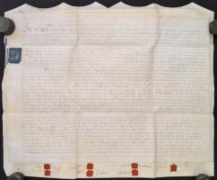 1798 Angol nyelvű szerződés (megegyezés) birtokügyben, pergamen, négy oklevél összefűzve, rányomott viaszpecsétekkel, okmánybélyeggel