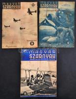 1941 Magyar Szárnyak 3 száma, 1941. június 1, szept. 1., dec. 15., foltos borítókkal, hullámos lapokkal, megviselt állapotban.