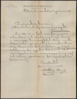 1905 Batthyány Elemér gróf, a magyar Lovaregylet elnökének saját kézzel aláírt levele, melyben az egyletet illető virilista képviselőt nevezi meg Dunakeszibe.