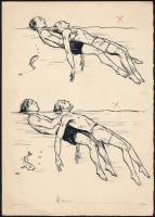 Márton Lajos (1891-1953): Vízből mentés. Tus, papír. Megjelent grafika. Jelzett, 22x16 cm