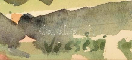 Vecsési Sándor (1930-2015): Biborherés. Akvarell, papír, üvegezett keretben, 33×49 cm