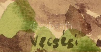 Vecsési Sándor (1930-2015): Szélső házak. Akvarell, papír, üvegezett keretben, 33×49 cm