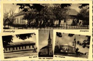 1941 Hosszúpályi, Községháza, Református iskola, Görögkatolikus templom, Református templom. Kiadja a Hangya Szövetkezet (ragasztónyom / glue mark)