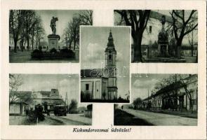 Kiskundorozsma (Szeged), Hősök szobra, emlékmű, Hangya szövetkezet üzlete, autóbusz, Római katolikus templom, Fő utca