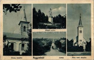 1939 Nagyszénás, Evangélikus templom, Hősök szobra, emlékmű, látkép, Római katolikus templom (fl)