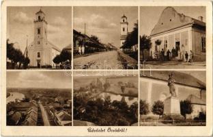 1942 Öcsöd, Református templom, Fő utca, üzlet, Hősök szobra, emlékmű (EK)