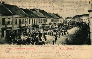 1903 Sátoraljaújhely, Fő tér, piac, Vadászkürt szálloda, Safir Markus, Szentgyörgyi Vilmos, Lövy Adolf üzlete. Lövy A. kiadása