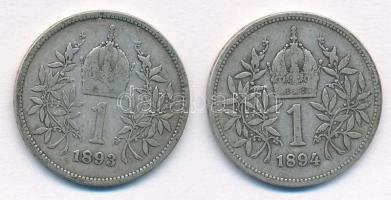 Ausztria 1893-1894. 1K Ag "Ferenc József" (2xklf) T:2- Austria 1893-1894. 1 Corona Ag &quo...