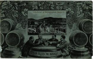 1913 Beregszász, Berehove; Üdvözlet a hegyekből! Vígan élj és ne búsulj! Montázs boros hordókkal és szőlővel / Montage with wine barrels and grapes (EM)