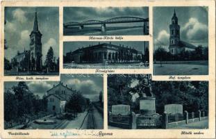 1940 Gyoma, Római katolikus templom, Hármas-Körös híd, Községháza, Református templom, Vasútállomás, Hősök szobra, emlékmű (EK)