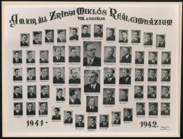 1942 Budapest, Zrínyi Miklós Reálgimnázium tanárai és végzős növendékei, kistabló nevesített portrékkal, 18x23,5 cm