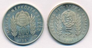 1981. 100Ft Cu-Ni + 5L Cu-Ni "Bulgária 1300 éves" magyar-bolgár közös kiadás, eredeti, sér...