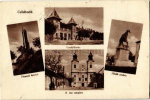 1943 Celldömölk, Trianoni kereszt, Vasútállomás, Hősök szobra, emlékmű, Római katolikus templom (EK)