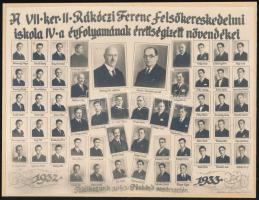 1933 Budapest, VI. kerületi II. Rákóczi Ferenc Felsőkereskedelmi Iskola tanárai és végzős növendékei, kistabló nevesített portrékkal, 16,5x22 cm
