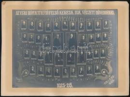 1926 Eger, Római Kath. Fiú Felsőkereskedelmi Iskola tanárai és végzős növendékei, kistabló nevesített portrékkal, 17x23 cm, karton 20,5x27,5 cm