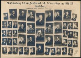 1927 Budapest, gróf Széchenyi István Felsőkereskedelmi Iskola tanárai és végzős növendékei, kistabló nevesített portrékkal, 18x25 cm