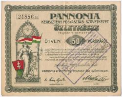 Budapest 1920. Pannonia Keresztény Fogyasztási Szövetkezet üzletrésze teljesen befizetett 50K-ról, bélyegzéssel, szelvényekkel T:II