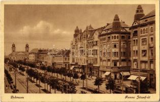 Debrecen, Ferenc József út, villamos, Gyógyszertár, üzletek