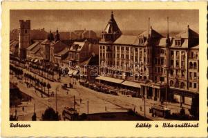 Debrecen, látkép a Bika szállodával, villamos, üzletek, automobilok