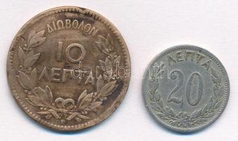 Görögország 1869BB 10l Cu "I.György" + 1895A 20l Cu-Ni T:2,2- patina, ph
Greece 1869BB 10...