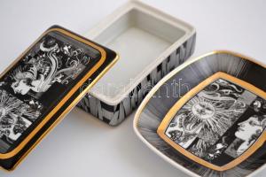 Hollóházi Szász Endre tervezte doboz és tálka, matricás, jelzett, kopás nyomokkal, 14×12 cm, 13×9 cm