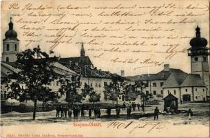 1901 Szepesolaszi, Wallendorf, Spisské Vlachy; Fő tér, templomok. Szoller Géza kiadása / main square, churches (EK)