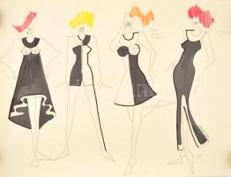 Parádi Katalin (1970-): Divatrajzok, 3 db. Vegyes technika, papír, jelzett, felcsavarva, 42×59 cm