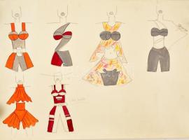 Parádi Katalin (1970-): Divatrajzok, 3 db. Vegyes technika, papír, jelzett, felcsavarva, 42×59 cm
