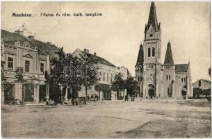 1915 Munkács, Mukacheve, Mukacevo; Fő utca, Római katolikus templom / main square, church