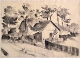 Ducsay Béla (1893-1967): A falu kovács előtt, szén, papír, jelzett, papírra ragasztva, 25×35 cm