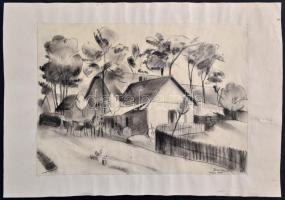 Ducsay Béla (1893-1967): A falu kovács előtt, szén, papír, jelzett, papírra ragasztva, 25×35 cm