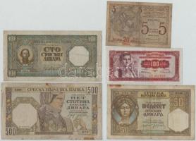 5db-os vegyes jugoszláv és szerb bankjegy tétel, közte Jugoszlávia / Szerb-Horvát-Szlovén Királyság 1919. 5D 20K felülbélyegzéssel; mind lezárt fóliában T:III,III- szakadás 5pcs of various Yugoslavian and Serbian banknotes, including Yugoslavia / Kingdom of the Serbs, Croats and Slovenes 1919. 5 Dinara with 20 Kronen overprint; all five in foil packing C:F,VG tear