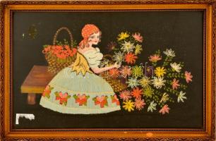 Lány virágokkal, hímzett falikép, üvegezett keretben, 24×37 cm