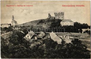 1918 Nagykövesd, Velky Kamenec; Sátoraljaújhely környéke, Rákóczi vár, Fischer kastély. Kiadja Lövy Adolf / castle ruins, castle (enyhén ázott sarok / slightly wet corner)