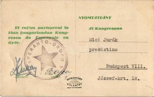 Győr, Városháza, rajta meghívó az 1948-as 18. Eszperantó Kongresszusra Győrött (ázott / wet damage)