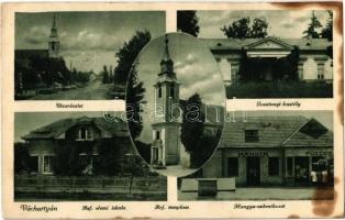 1943 Váchartyán, utca, Református templom, Gosztonyi kastély, Református elemi iskola, Hangya Szövetkezet üzlete (fl)