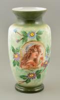 cca 1910 Fújt tejüveg váza, részben kézzel festett, kis karcolásokkal, csorba és jelzés nélkül, m: 32,5 cm