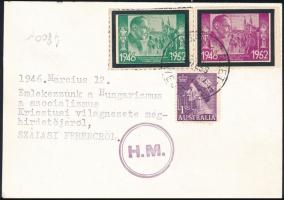 1956 Az ausztrál hungarista mozgalom Szálasira emlékező nyomtatványa emlékbélyegekkel 9x13 cm