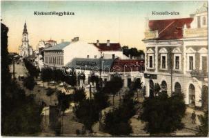 1927 Kiskunfélegyháza, Kossuth utca, Kiskunfélegyházai Népbank, Kiss Lajos üzlete, templom. Kiadja Roykó B.
