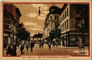 1922 Győr, Baross út, Győri Első Takarékpénztár épülete, Schöpf István, Grünwald Mihály üzlete. Kiadja Szántó Imre (EK)