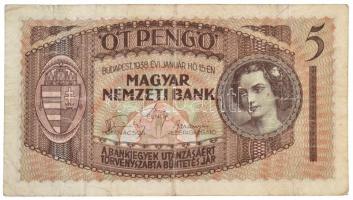 1938. 5P K012 023955 három, hajtás menti lyuk a bankjegy bal oldalán T:III- RR! / Hungary 1938. 5 Pengő K012 023955 with three holes along folds on the left side of the banknote C:VG VERY RARE!  Adamo P5