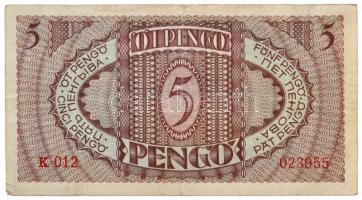 1938. 5P "K012 023955" három, hajtás menti lyuk a bankjegy bal oldalán T:III- RR! / Hungar...