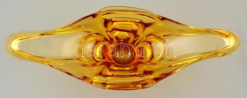 Sárga öntött üveg asztali dísztál, kis kopásnyomokkal, 39×15×16 cm