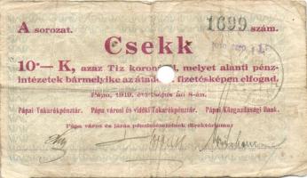 1919. "Pápai csekk" 10K, 20K T:III
