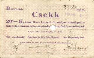 1919. "Pápai csekk" 10K, 20K T:III